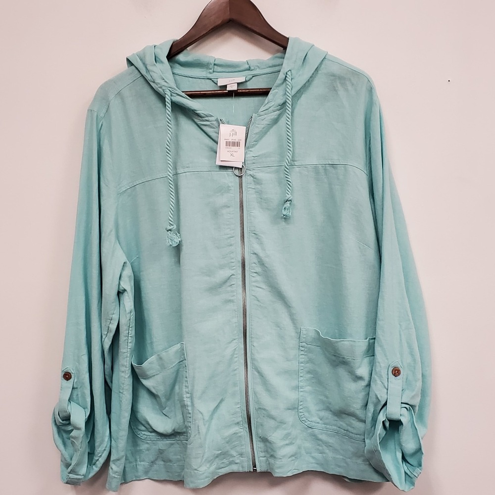 J Jill Womens Linen Blend Full Zip Hooded Jacket Size XL Blue Roll Sleeve Beachy
